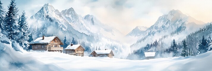 Aufkleber - Serene winter landscape with snow covered cabins and majestic mountains at dawn. Generative AI
