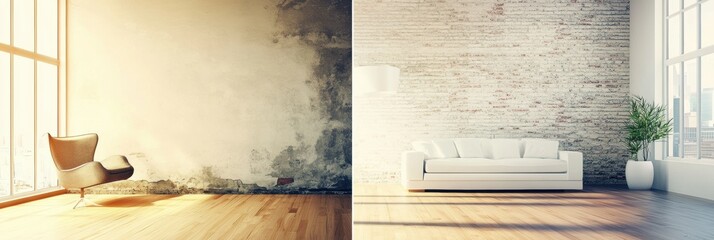 Poster - Transformation of a room showcasing contrasting old dark interiors and bright modern renovated design. Generative AI