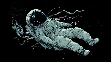 Wall Mural - Ghostly astronaut suit floating abandoned in space, with faintly glowing spirits swirling inside, halloween astronaut, haunted astronaut suit. Spectral Astronauts. Illustration