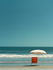 Poster - Relaxing at a serene beach with a lounge chair and umbrella under a clear blue sky. Generative AI