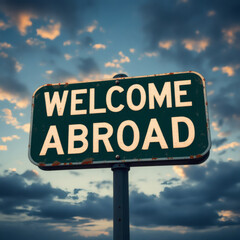 a vintage green metal sign with 'welcome aboard' text, set against a stunning blue sunset sky, evoki