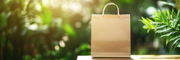 Aufkleber - Eco friendly paper bag presented against a backdrop of green lush plants for sustainable living awareness. Generative AI