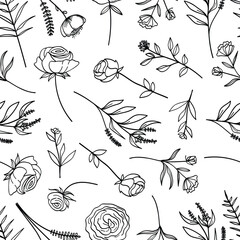 Wall Mural - Seamless floral pattern with herbs, wildflowers, and twigs. Vector illustration on white background.