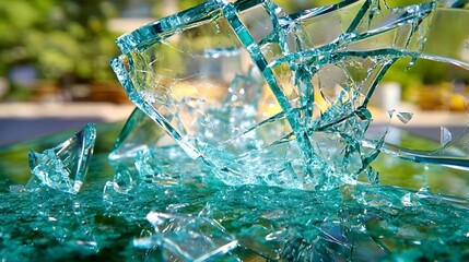 Sticker - Shattered Glass, Teal Fragments, Macro - Abstract backgrounds