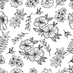 Wall Mural - Seamless pattern botanical hand drawn line art on white background. Vector illustration
