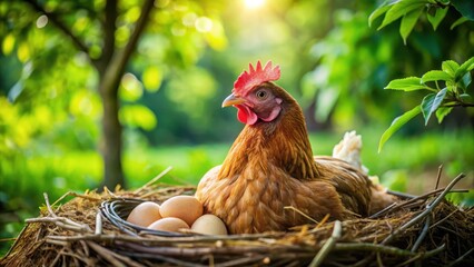 Wall Mural - A close-up shot of a hen sitting comfortably on her nest of fresh eggs in a rustic organic farm surrounded by lush greenery and trees , nature, hens