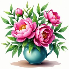 Watercolor peonies blooming in a vase surrounded by lush greenery, botanical photography, floral still life, flower arrangement