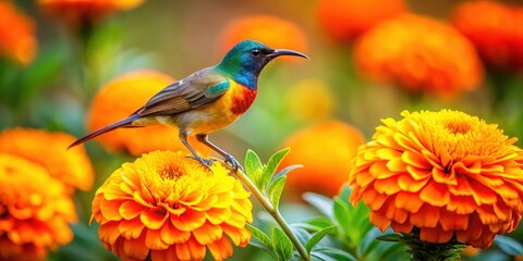 Wall Mural - A sunbird perches on a vibrant orange marigold flower with bright yellow petals and green leaves in a lush garden setting, ornithology, bird