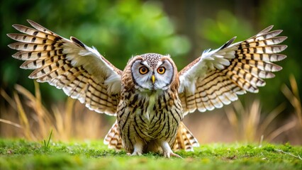 Wall Mural - Owl sitting on a patch of grass in daylight with wings spread, showing feathers and talons, bird, grass,  bird, grass