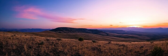 Fototapete - Beautiful sunset over rolling hills in a vast landscape with vibrant colors and soft clouds during twilight hours. Generative AI