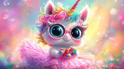 Wall Mural - Cute unicorn girl, candy, tutu, sparkles, fantasy background, children's book