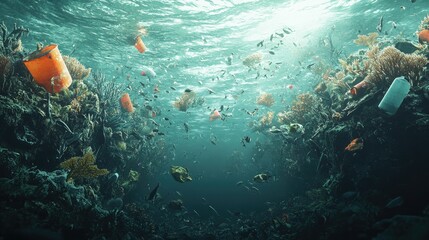 Poster - A 3D depiction of a polluted ocean, featuring dead coral reefs, toxic glowing chemical spills, and floating garbage, emphasizing environmental damage.
