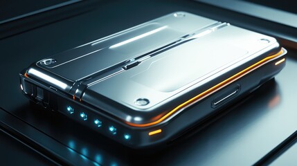 Poster - A 3D digital rendering of a silver tech device, with a sleek and modern look, representing the future of technology.