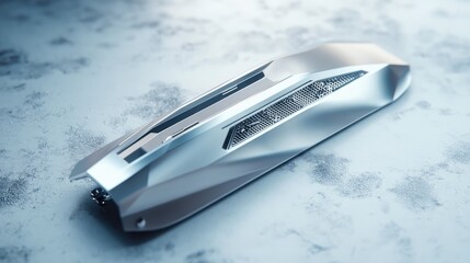 Poster - A 3D digital rendering of a silver tech device, with a sleek and modern look, representing the future of technology.