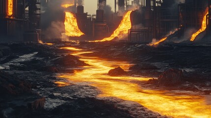 Poster - A 3D factory scene pouring glowing lava-like waste into nearby waters, emitting toxic fumes and creating a lifeless environment, highlighting environmental damage.