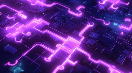 Poster - A 3D futuristic circuit board with glowing puzzle pieces forming a pathway, creating an abstract digital design full of energy and glowing light.