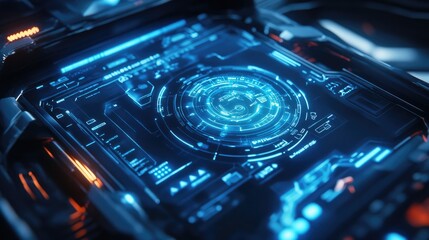 Poster - A 3D rendering of a holographic smart car interface glowing in blue, representing futuristic vehicle technology with an advanced user interface.