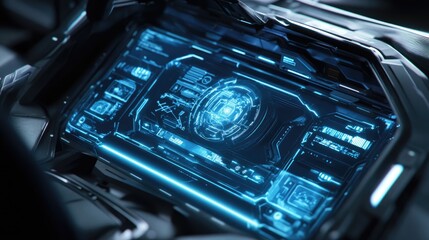 Poster - A 3D rendering of a holographic smart car interface glowing in blue, representing futuristic vehicle technology with an advanced user interface.