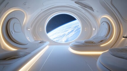 Poster - A 3D rendering of a sleek, modern white spaceship interior with glowing lights and a breathtaking view of planet Earth through a large window.
