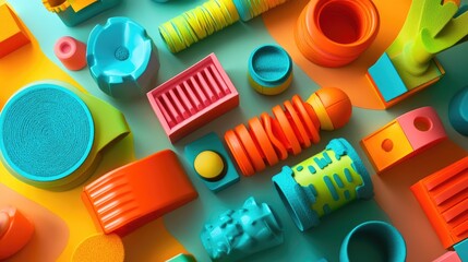 Poster - A bright and colorful children's toy made from recycled materials, emphasizing sustainability and creativity with vibrant hues and fun design elements.