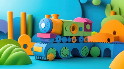 Poster - A bright and colorful children's toy made from recycled materials, emphasizing sustainability and creativity with vibrant hues and fun design elements.