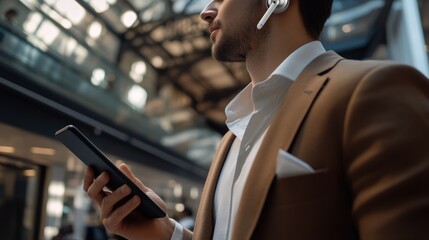 Poster - A businessman with a tablet, smartphone, and wireless earbuds in his hand, representing the fusion of business and multimedia technology.