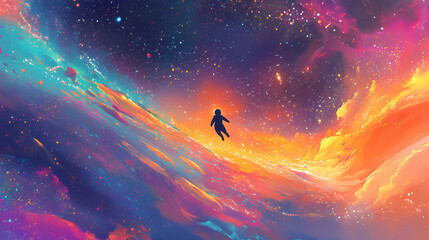 Wall Mural - a lone astronaut floats in a colorful cosmic space, exploring the wonders of the universe amidst vib