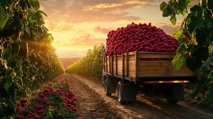Aufkleber - A cargo truck filled with fresh raspberries cruising through an orchard at sunset, evoking the process of transporting seasonal produce.