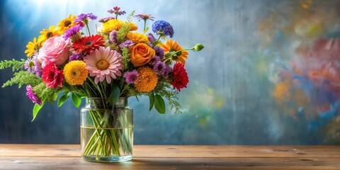 Wall Mural - Beautiful bouquet of various colorful flowers in a glass vase , flowers arrangement, nature,  flowers arrangement