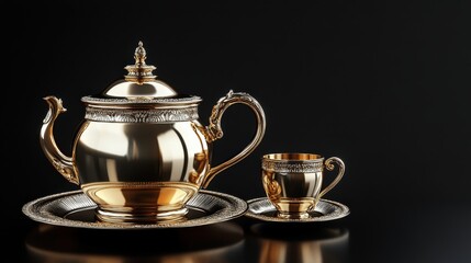 Poster - Gold tea set with silver teapot and two cups on a table with copy space for text