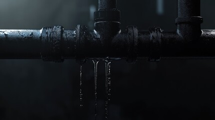 Poster - A close-up of a black pipe dripping water in a dark setting, emphasizing the simplicity and function of plumbing and water flow.