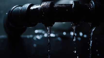 Poster - A close-up of a black pipe dripping water in a dark setting, emphasizing the simplicity and function of plumbing and water flow.