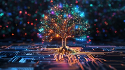 Fototapete - A glowing, electric tree design made of circuit paths, radiating vibrant colors against a high-tech circuit board.