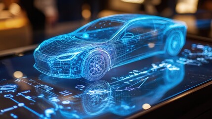 Poster - A close-up of a blue-hued holographic smart car interface projected in mid-air, showcasing the innovative design of future car technology.