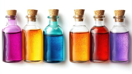Poster - Row of bottles filled with colorful liquids in various shades displayed on a surface