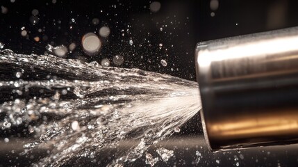 Poster - A close-up of a metallic pipe ejecting water with force, splashing against a dark background, showcasing the dynamic flow of liquid in an industrial setting.