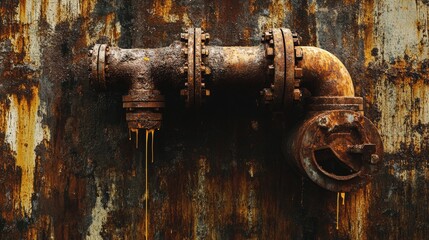 Poster - A close-up of a rusted industrial pipe dripping oil, set against a gritty industrial background, symbolizing decay and environmental concerns in oil extraction.