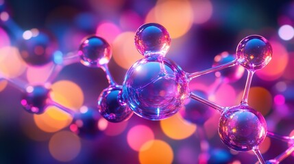 Poster - Close-up of a molecule with pink and blue background showcasing vibrant carbon structure details