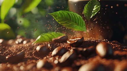 Poster - A close-up of roasted coffee beans, finely ground coffee, fresh leaves, and a steaming cup of coffee, blending rich textures and aromas in perfect harmony.