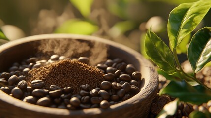 Poster - A close-up of roasted coffee beans, finely ground coffee, fresh leaves, and a steaming cup of coffee, blending rich textures and aromas in perfect harmony.