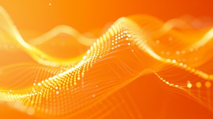Fototapete - A dynamic abstract digital wave composed of glowing golden particles against a vibrant orange background. The flowing motion and depth create a futuristic and energetic feel. AI generated.