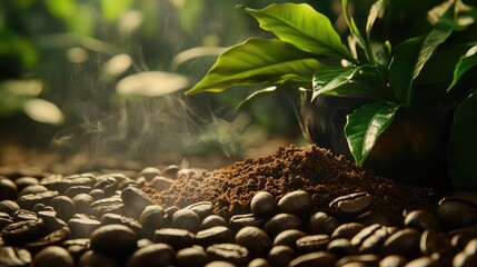 Poster - A close-up of roasted coffee beans, finely ground coffee, fresh leaves, and a steaming cup of coffee, blending rich textures and aromas in perfect harmony.