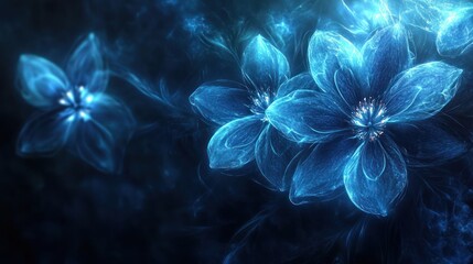 Wall Mural - Glowing blue flowers, dark background, fantasy art, website banner