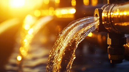 Poster - A close-up of water flowing through industrial pipes, illuminated by warm sunlight, showcasing the beauty of plumbing systems and fluid motion.