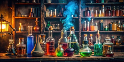 Wall Mural - A dimly lit alchemy lab shelf filled with various bottles containing colorful liquids and powders, surrounded by ancient texts and mysterious equipment , bottles, equipment