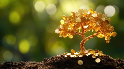 Poster - A golden tree, made of shimmering coins, rising from a soil mound, set against a lush, green background symbolizing wealth.