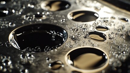 Poster - A close-up shot of a wet stainless steel sink drain, capturing the reflections of water droplets on the smooth surface, highlighting the beauty of everyday details.