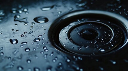 Poster - A close-up shot of a wet stainless steel sink drain, capturing the reflections of water droplets on the smooth surface, highlighting the beauty of everyday details.
