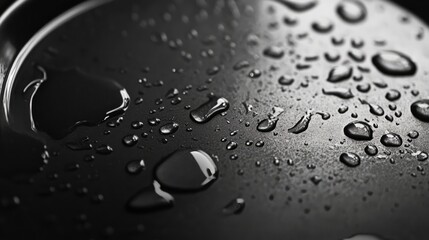 Poster - A close-up shot of a wet stainless steel sink drain, capturing the reflections of water droplets on the smooth surface, highlighting the beauty of everyday details.