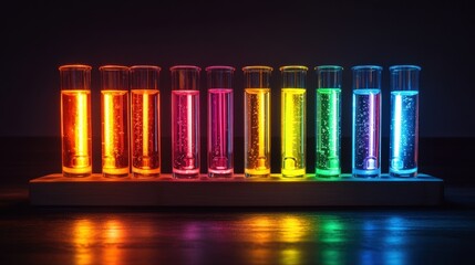Poster - Colorful glass tubes arranged on wooden stand illuminated with vibrant colors and light effects